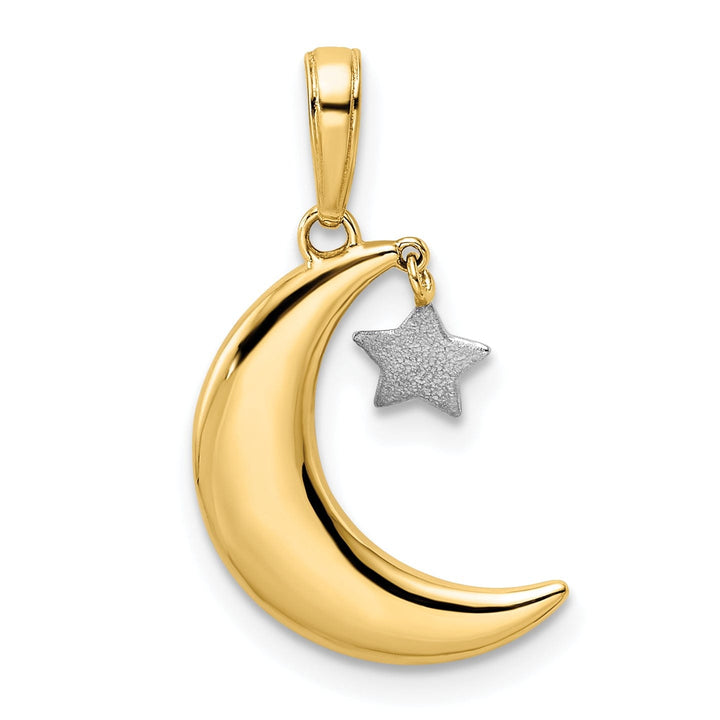 14k Yellow Gold White Rhodium Solid Polished Satin Finish Moon with Moveable Dangle Star Charm Pendant
