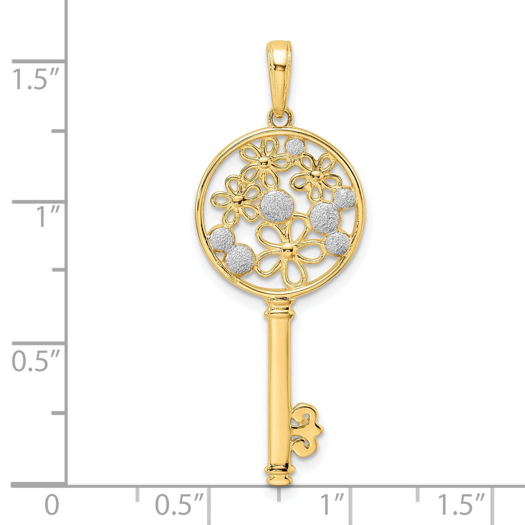 14k Yellow Gold White Rhodium Solid Concave Flowers in Key Design Charm