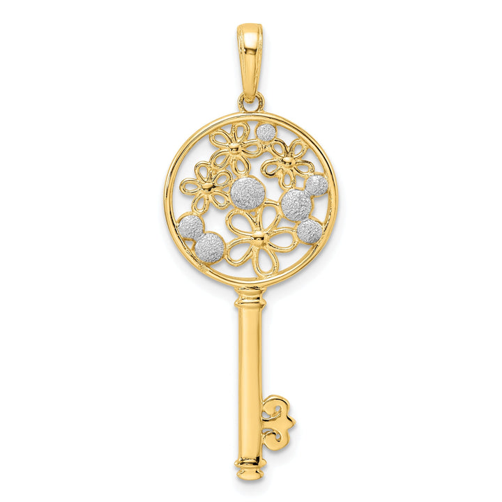 14k Yellow Gold White Rhodium Solid Concave Flowers in Key Design Charm