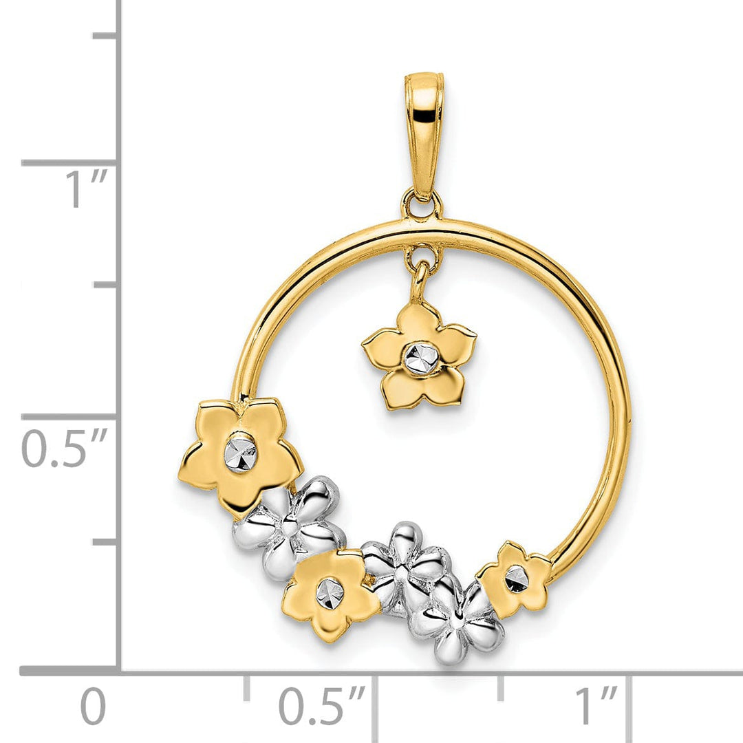 14k Yellow Gold and White Rhodium Diamond-cut Casted Flat Back Polished Finish Flowers Charm Pendant