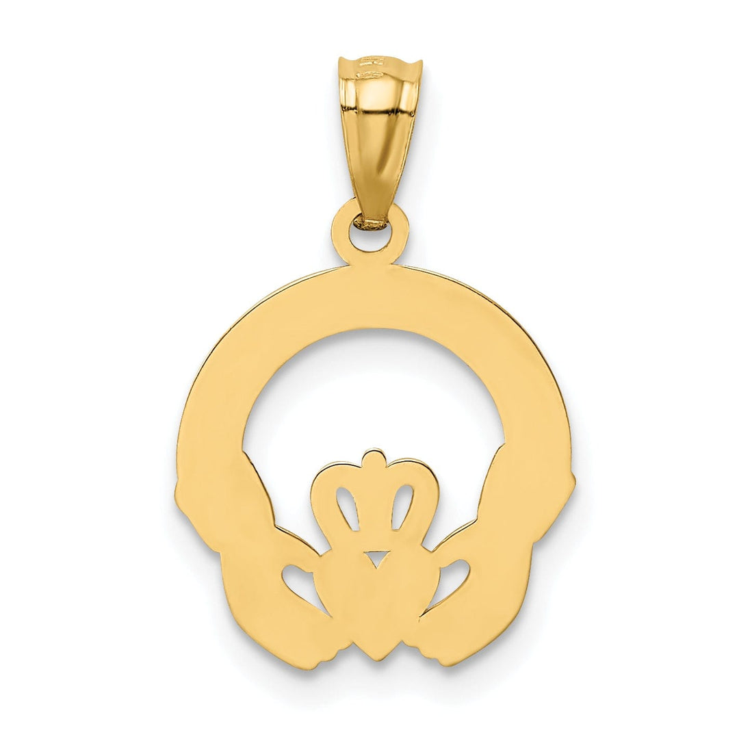 14k Yellow Gold Solid Satin Diamond Cut Finish Flat-Backed Claddagh Design Charm Pendant