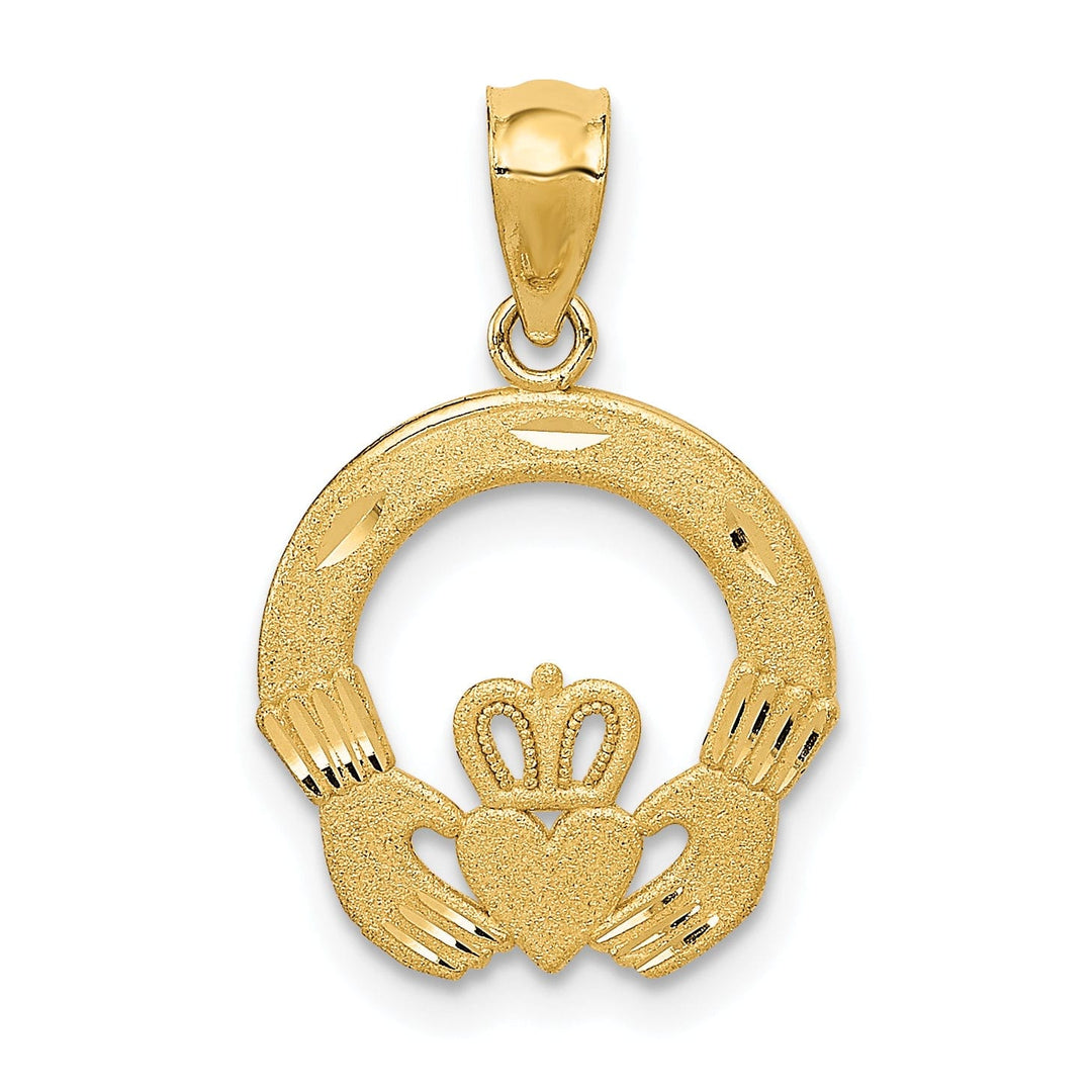 14k Yellow Gold Solid Satin Diamond Cut Finish Flat-Backed Claddagh Design Charm Pendant