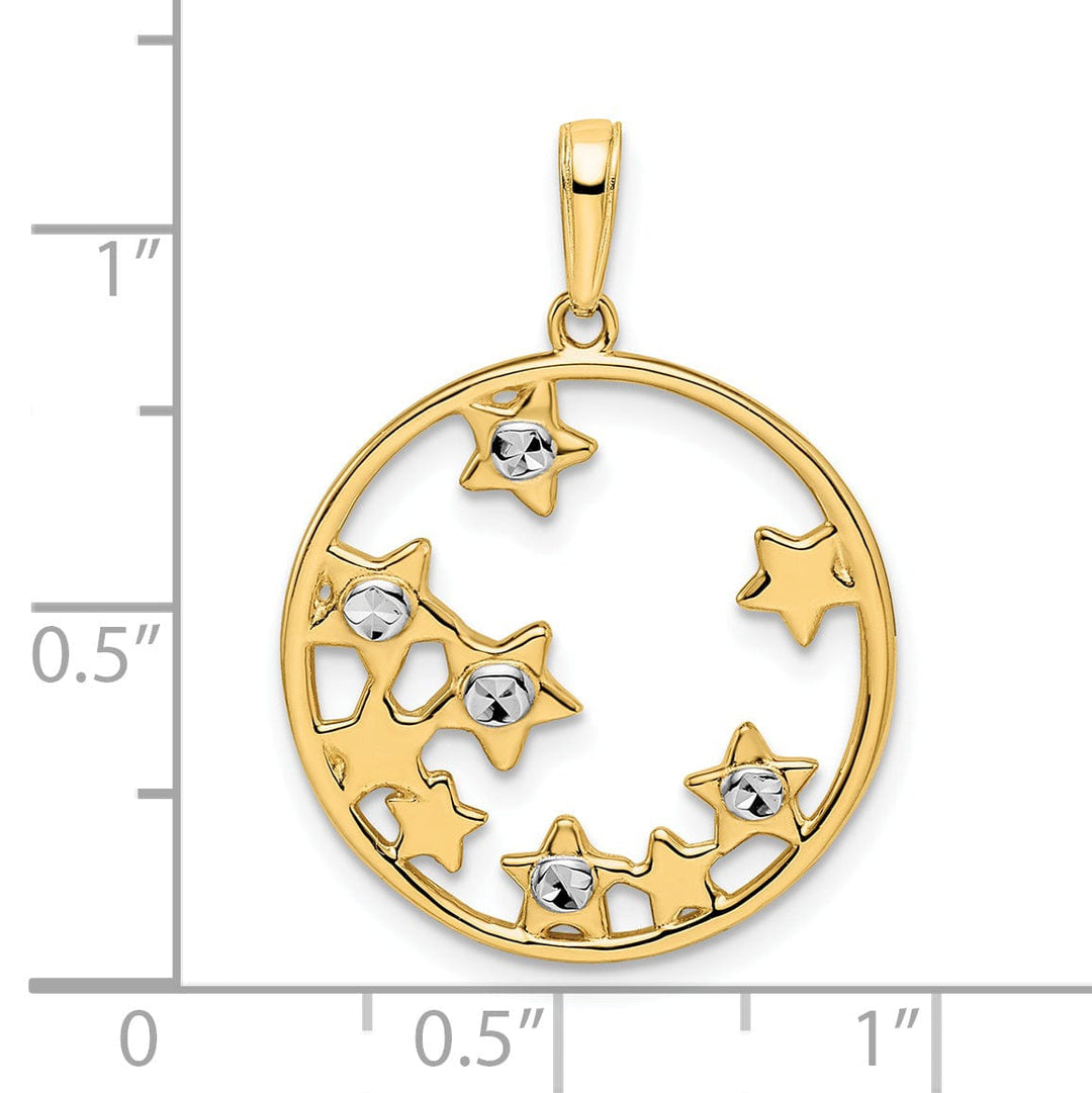 14k Yellow Gold & White Rhodium Open Back Solid Diamond Cut Polished Finish Women's Star Shape with little Stars Circle Design Charm Pendant