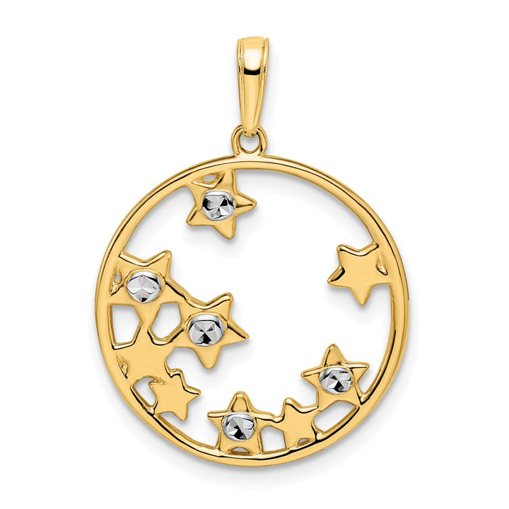 14k Yellow Gold & White Rhodium Open Back Solid Diamond Cut Polished Finish Women's Star Shape with little Stars Circle Design Charm Pendant