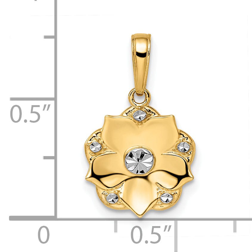 14k Two-tone Gold Solid Flat Back Casted Polished Finish Diamond-cut Flower Charm Pendant