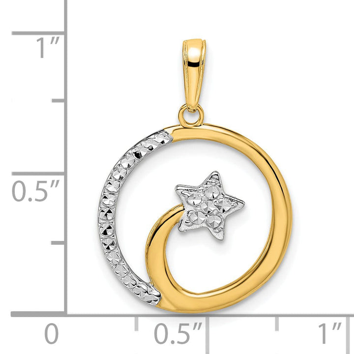 14k Yellow Gold & White Rhodium Solid Flat Back Diamond Cut Polished Finish Circle Design with Shooting Star Charm Pendant