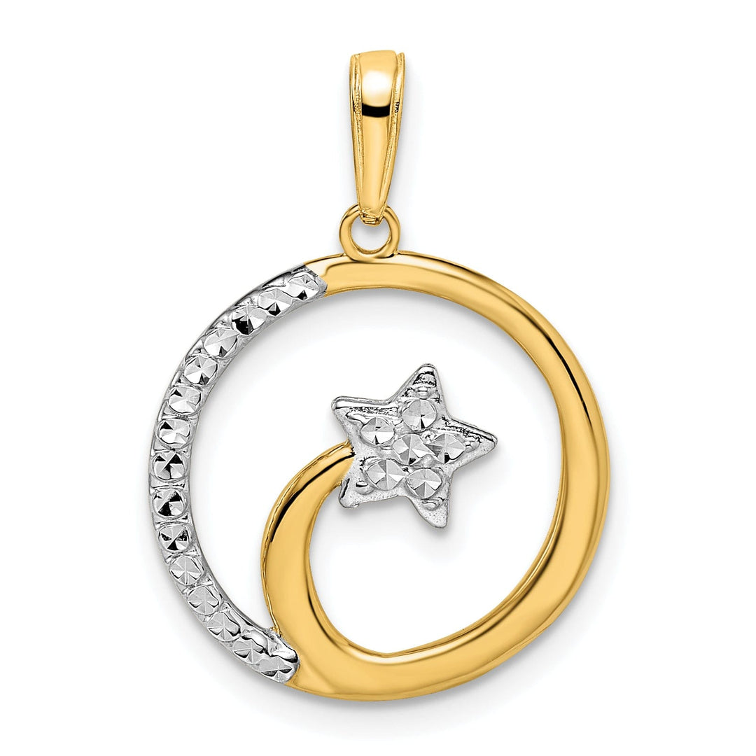 14k Yellow Gold & White Rhodium Solid Flat Back Diamond Cut Polished Finish Circle Design with Shooting Star Charm Pendant