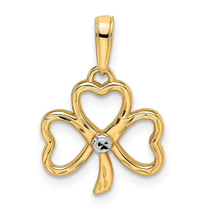 14k Yellow Gold White Rhodium Solid Flat Back Polished Diamond Cut Finish Clover Charm Pendant