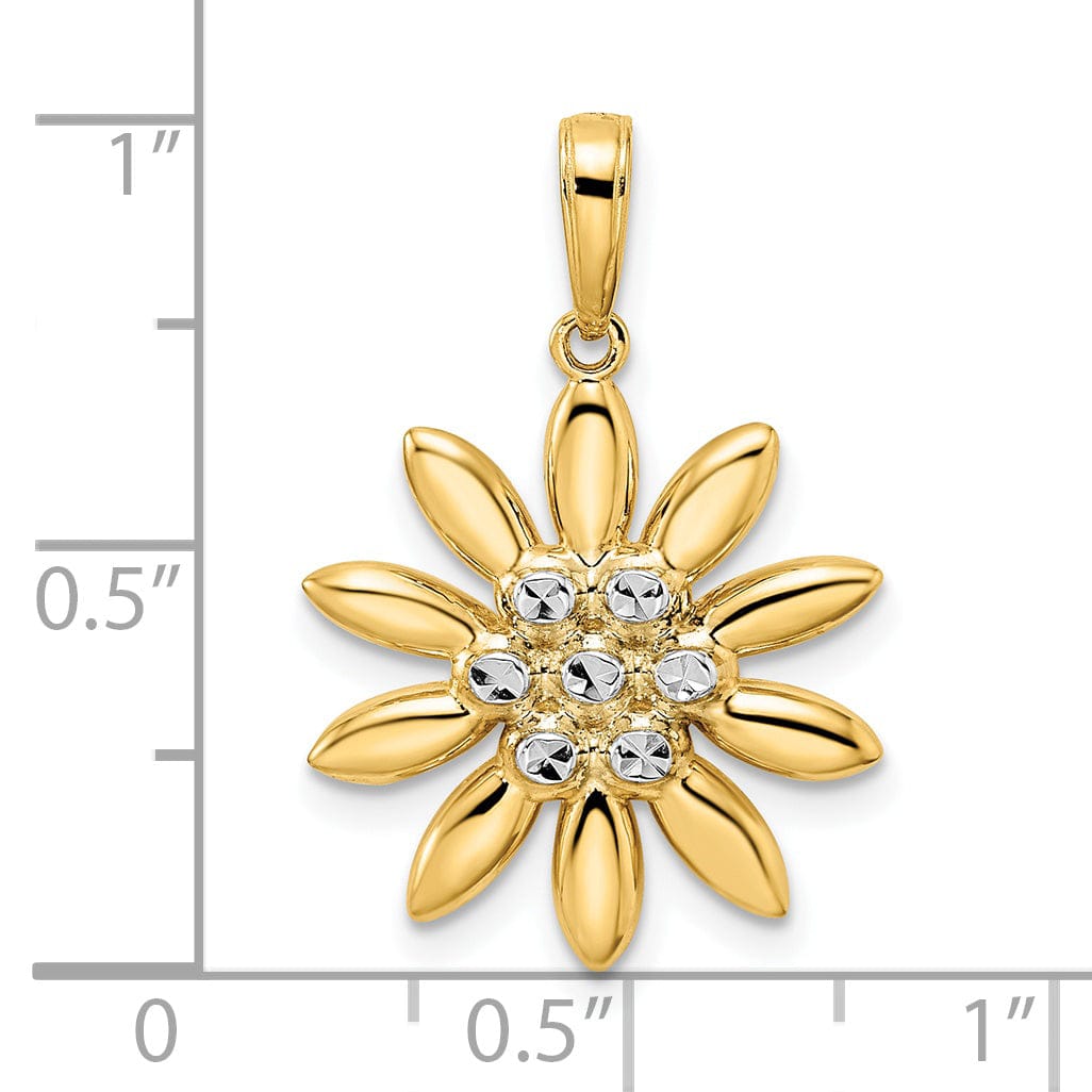14K Yellow Gold White Rhodium Casted Open Back Diamond-cut Solid Polished Finish Flower Charm Pendant