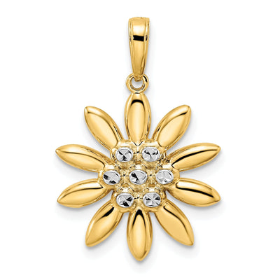 14K Yellow Gold White Rhodium Casted Open Back Diamond-cut Solid Polished Finish Flower Charm Pendant