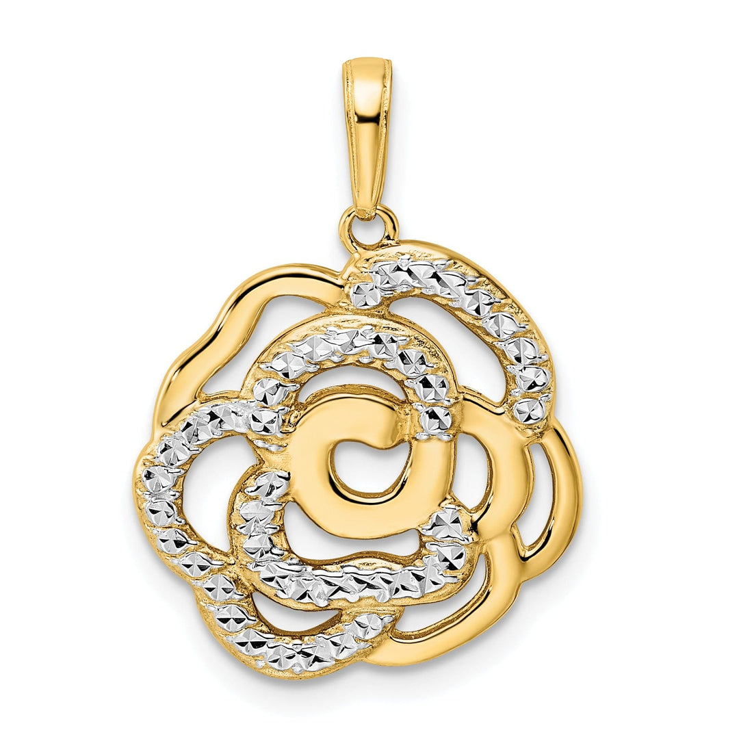 14k Yellow Gold and White Rhodium Casted Open Back Diamond-cut Solid Polished Finish Flower Charm Pendant