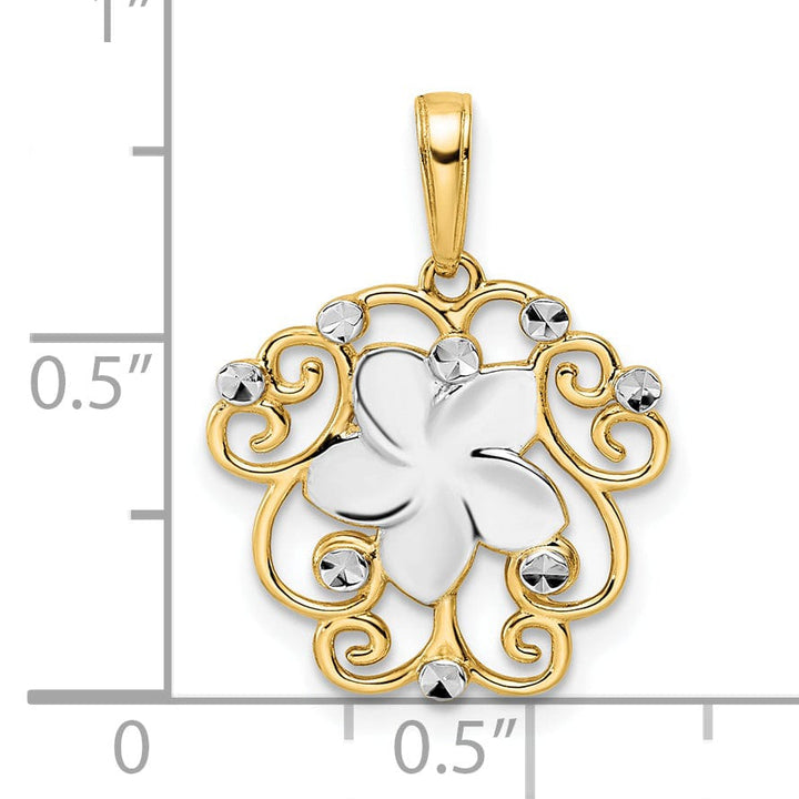 14k Yellow Gold and White Rhodium Casted Flat Back Solid Polished Finish Diamond-cut Floral Charm Pendant