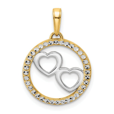 14k Yellow Gold, White Rhodium Solid Diamond Cut Polished Finish Hearts in Circle Design Charm Pendant
