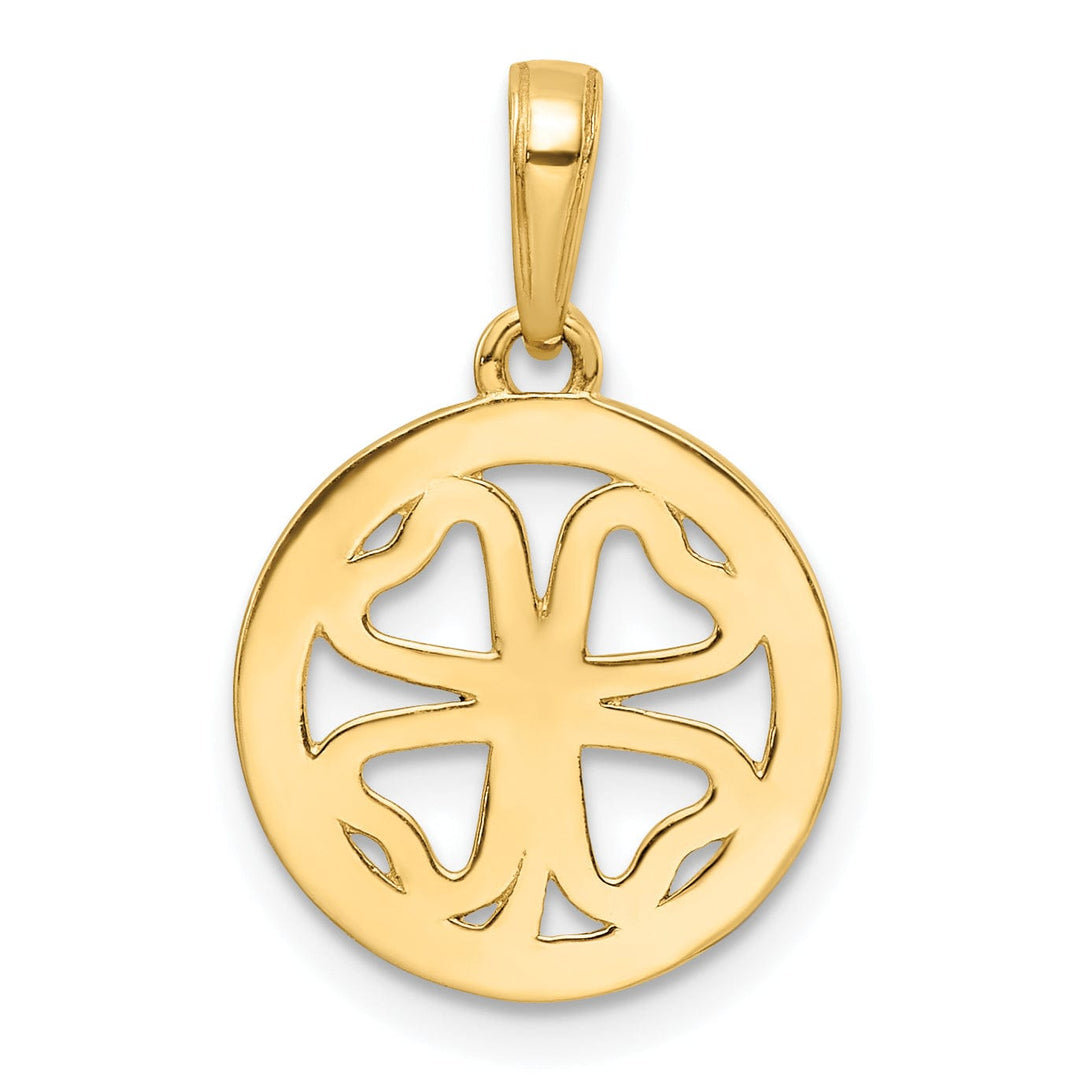 14k Yellow Gold White Rhodium Flat Back Solid Diamond Cut 4-Leaf Clover in Circle Design Charm Pendant