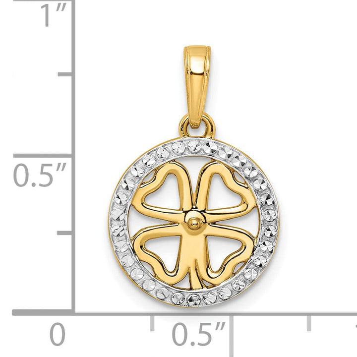 14k Yellow Gold White Rhodium Flat Back Solid Diamond Cut 4-Leaf Clover in Circle Design Charm Pendant