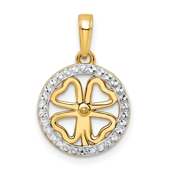 14k Yellow Gold White Rhodium Flat Back Solid Diamond Cut 4-Leaf Clover in Circle Design Charm Pendant