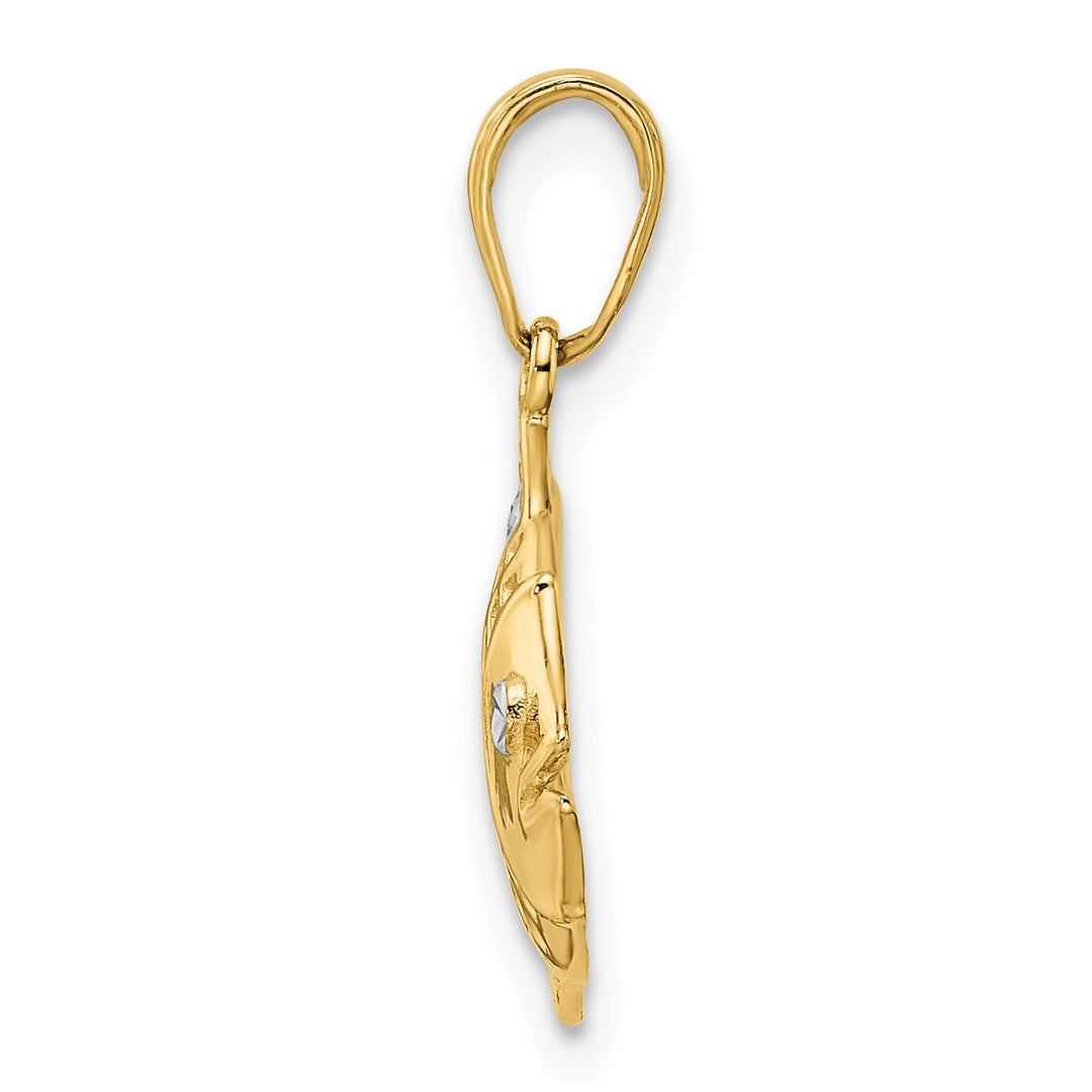 14k Yellow Gold White Rhodium Solid Diamond Cut Polished Finish Fish Cut Out Design Charm Pendant