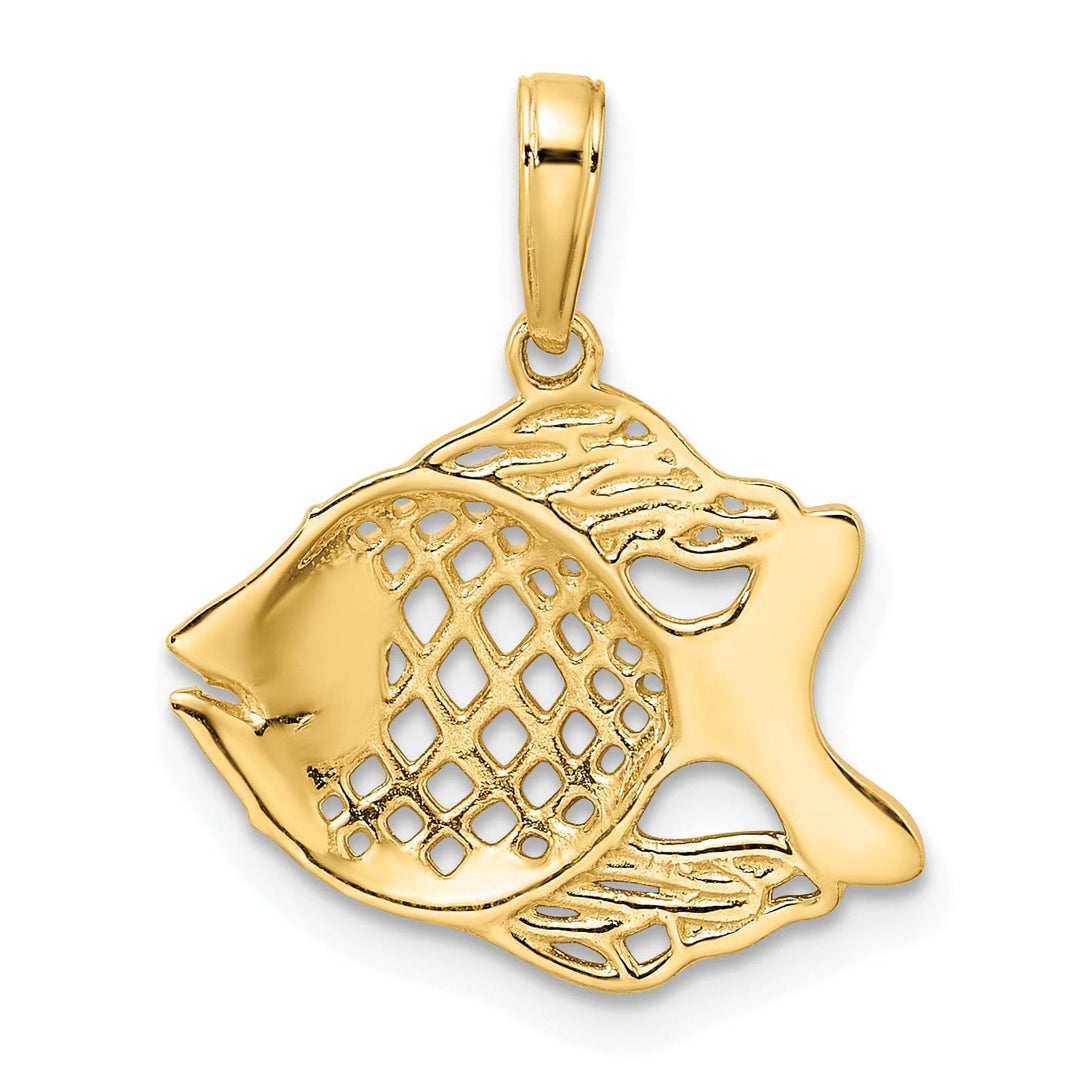 14k Yellow Gold White Rhodium Solid Diamond Cut Polished Finish Fish Cut Out Design Charm Pendant