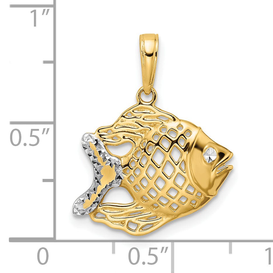 14k Yellow Gold White Rhodium Solid Diamond Cut Polished Finish Fish Cut Out Design Charm Pendant