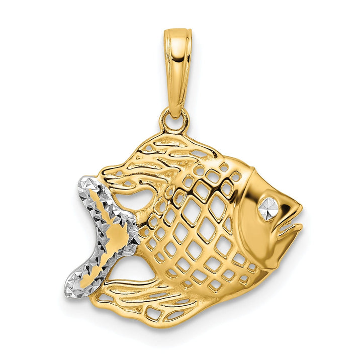 14k Yellow Gold White Rhodium Solid Diamond Cut Polished Finish Fish Cut Out Design Charm Pendant