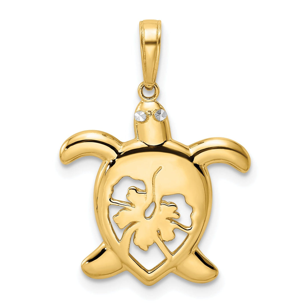 14k Yellow Gold and White Rhodium Casted Diamond-cut Solid Polished Finish Floral Turtle Charm Pendant