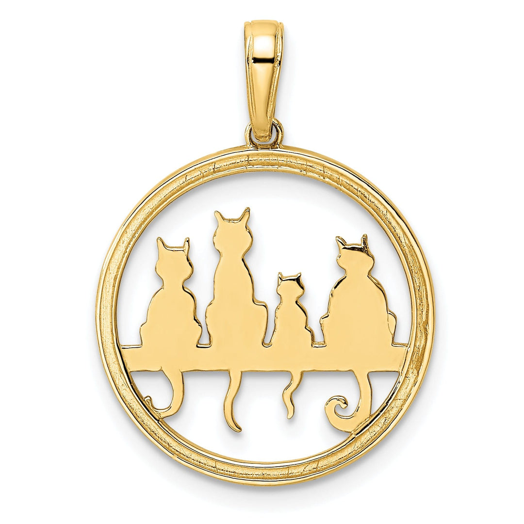 14k Yellow Gold White Rhodium Solid Polished Diamond Cut Finish Cats Sitting on Bench Design Circle Charm Pendant