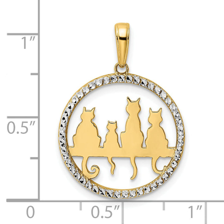 14k Yellow Gold White Rhodium Solid Polished Diamond Cut Finish Cats Sitting on Bench Design Circle Charm Pendant
