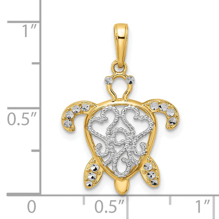 14k Yellow Gold and White Rhodium Casted Diamond-cut Filigree Turtle Charm Pendant