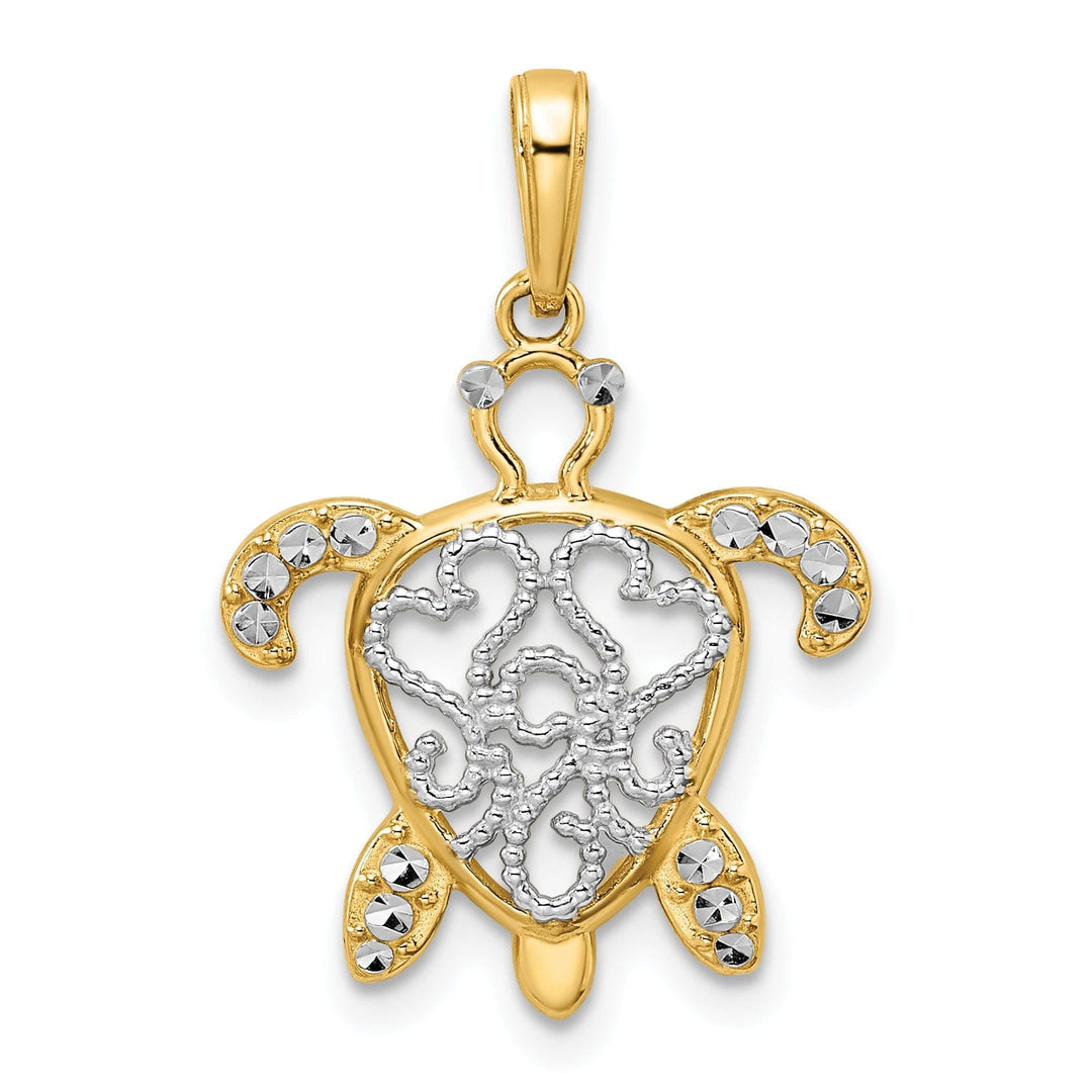 14k Yellow Gold and White Rhodium Casted Diamond-cut Filigree Turtle Charm Pendant