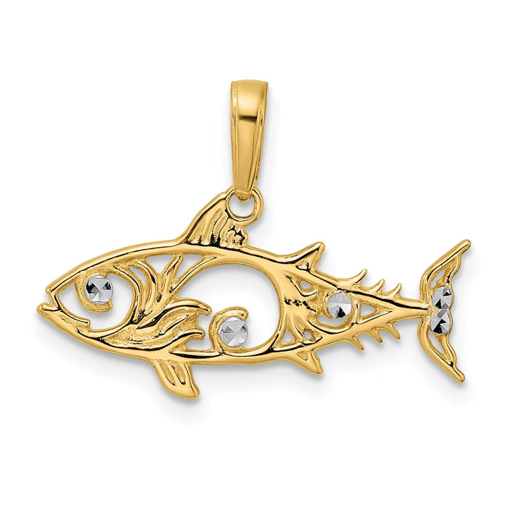 14k Yellow Gold White Rhodium Solid Polished Diamond Cut Finish Fish Design Charm Pendant