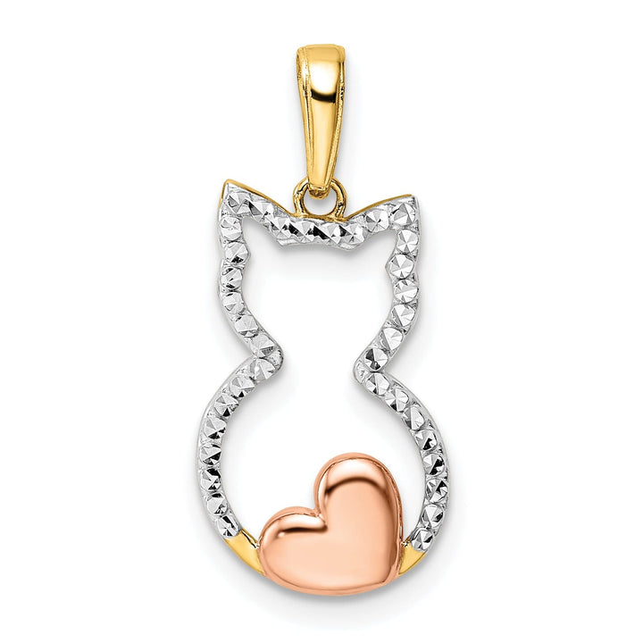 14k Yellow Gold White and Rose Rhodium Solid Open Back Polished Diamond Cut Finish Cat with Heart Design Charm Pendant