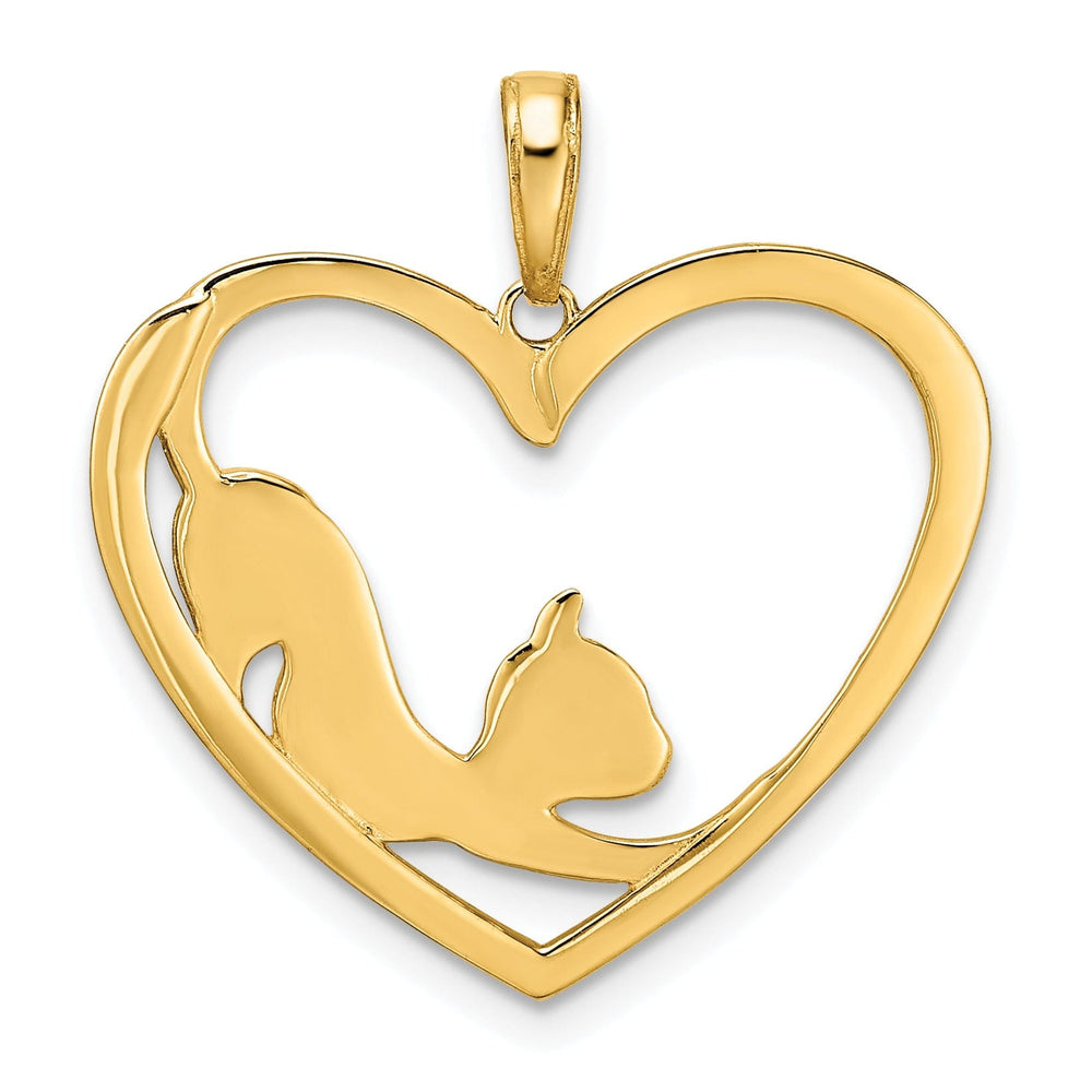 14k Yellow Gold White Rhodium Solid Open Back Polished Diamond Cut Finish Cat Stretching in Heart Design Charm Pendant