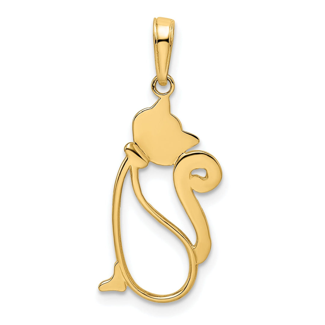 14k Yellow Gold White Rhodium Flat Back Solid Polished Diamond Cut Finish Cat Sitting Design Charm Pendant