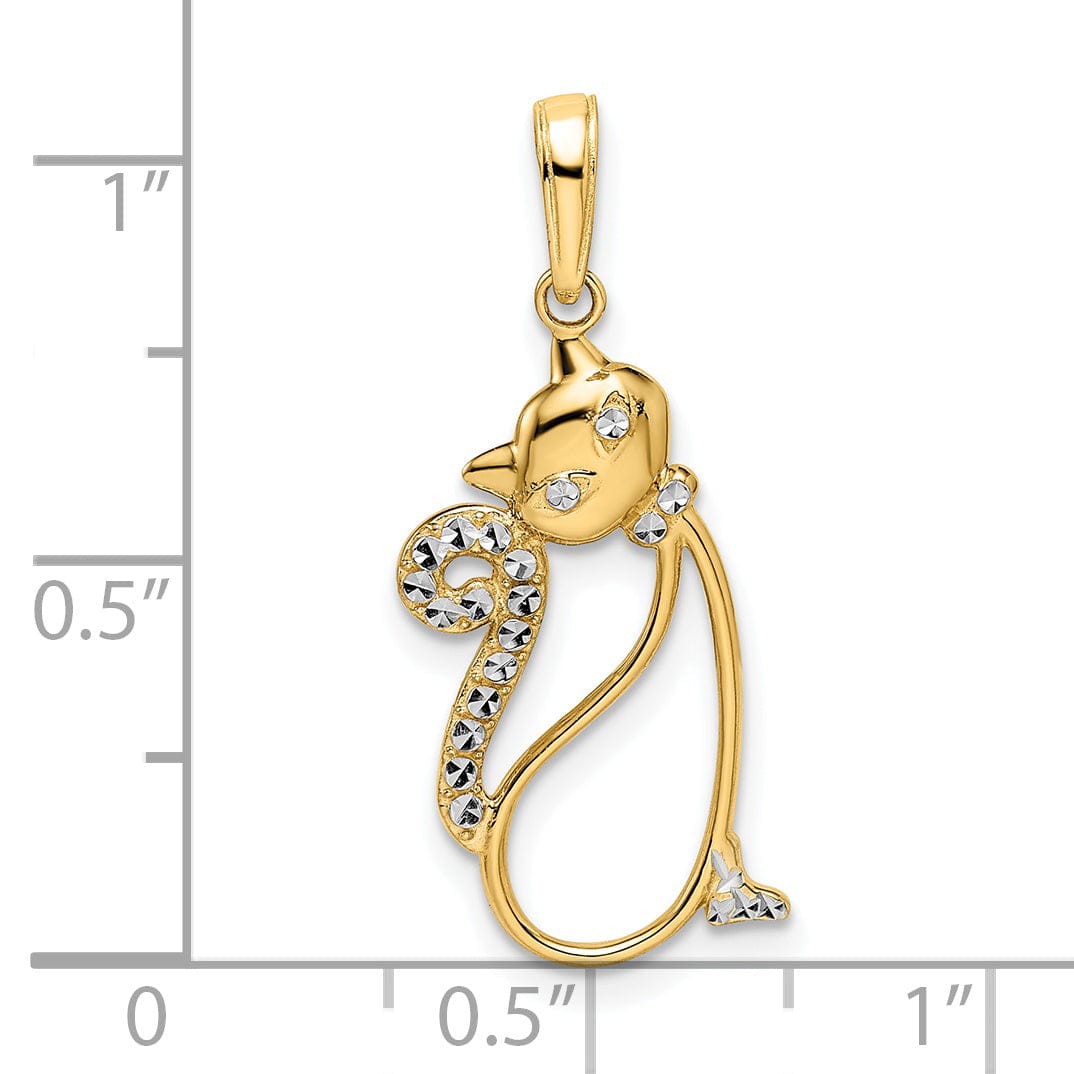 14k Yellow Gold White Rhodium Flat Back Solid Polished Diamond Cut Finish Cat Sitting Design Charm Pendant