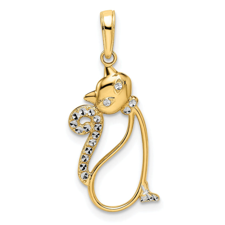 14k Yellow Gold White Rhodium Flat Back Solid Polished Diamond Cut Finish Cat Sitting Design Charm Pendant