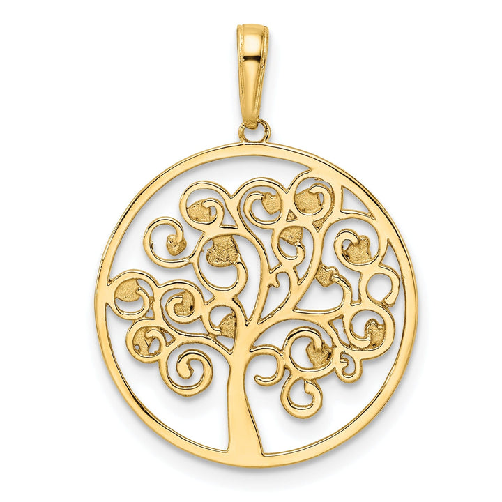 14k Yellow Gold White Rhodium Open Back Solid Diamond Cut Polished Finish Tree of Life in Round Shape Frame Charm Pendant