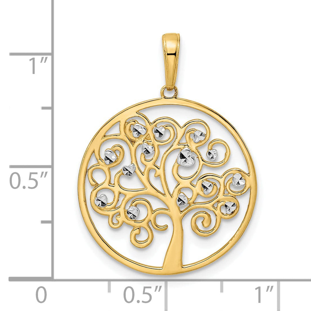 14k Yellow Gold White Rhodium Open Back Solid Diamond Cut Polished Finish Tree of Life in Round Shape Frame Charm Pendant