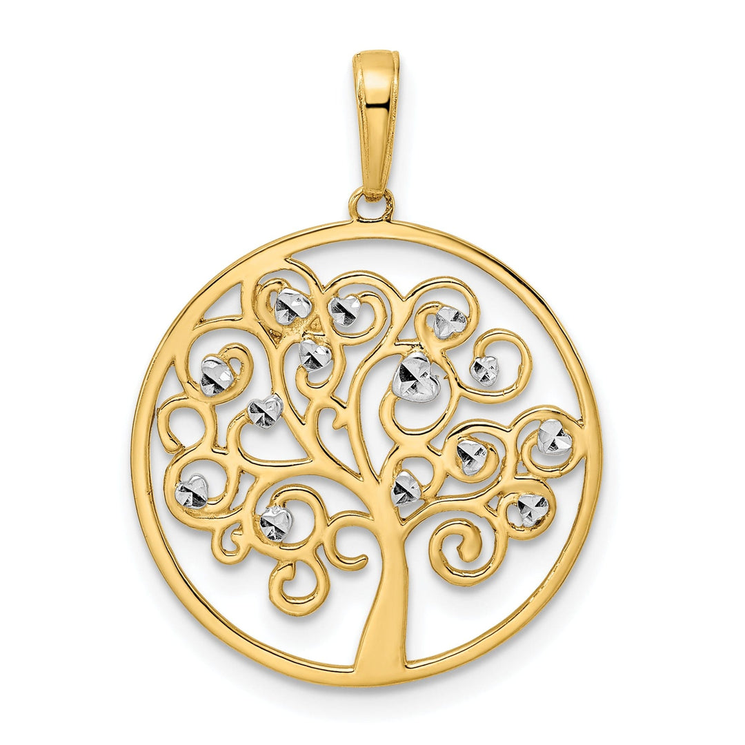 14k Yellow Gold White Rhodium Open Back Solid Diamond Cut Polished Finish Tree of Life in Round Shape Frame Charm Pendant