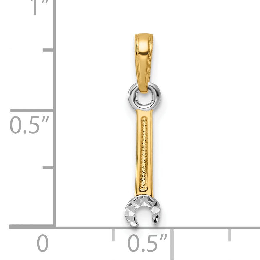 14k Yellow Gold, White Rhodium Diamond Cut Polished Finish Solid Open Wrench Tool Charm Pendant