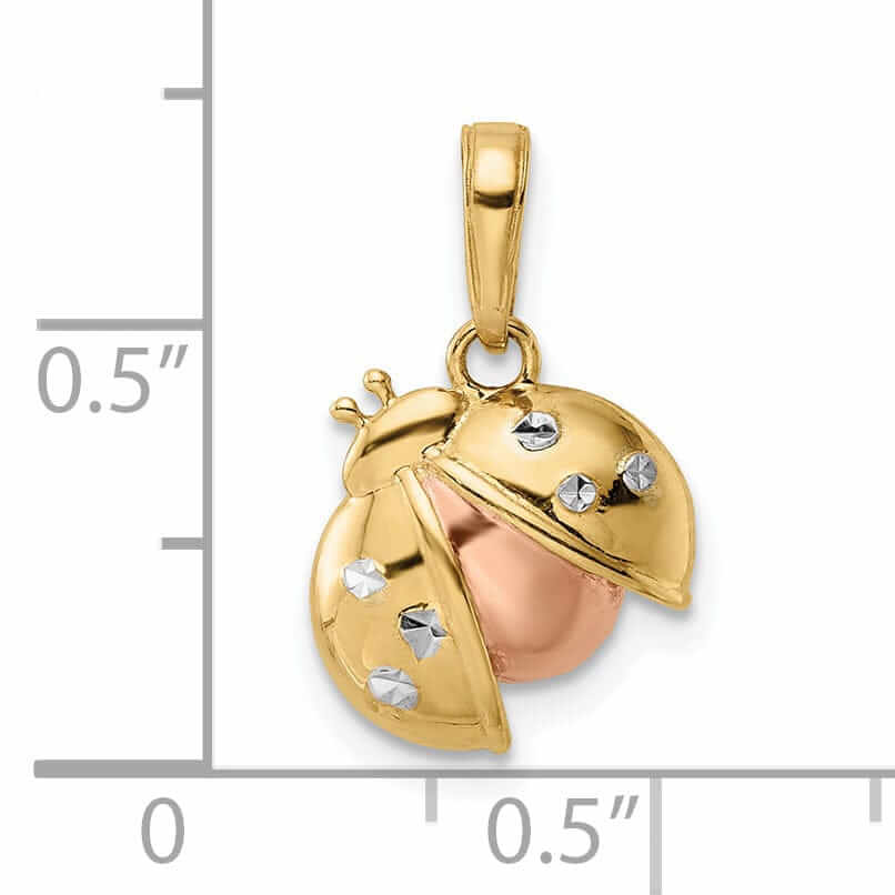 14k Yellow Gold White and Rose Rhodium Diamond Cut Polished Finish Solid Open Back Ladybug Charm Pendant