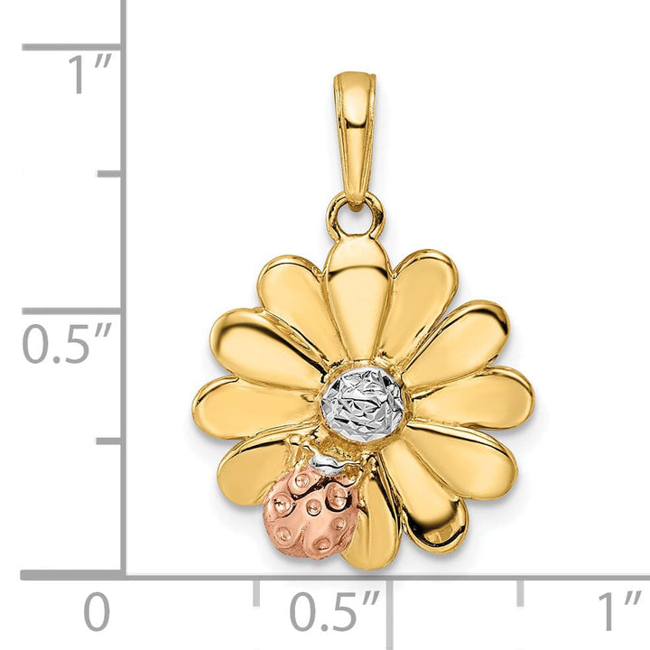 14k Yellow Gold with White and Rose Rhodium Casted Closed Back Solid Polished Finish Diamond-cut Ladybug on Flower Charm Pendant