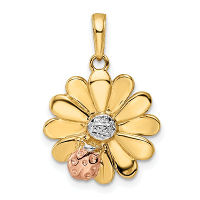 14k Yellow Gold with White and Rose Rhodium Casted Closed Back Solid Polished Finish Diamond-cut Ladybug on Flower Charm Pendant
