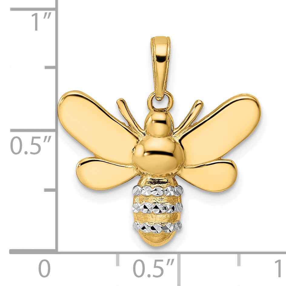 14k Yellow Gold White Rhodium Open Back Solid Diamond Cut Polished Finish Bumblebee Charm Pendant