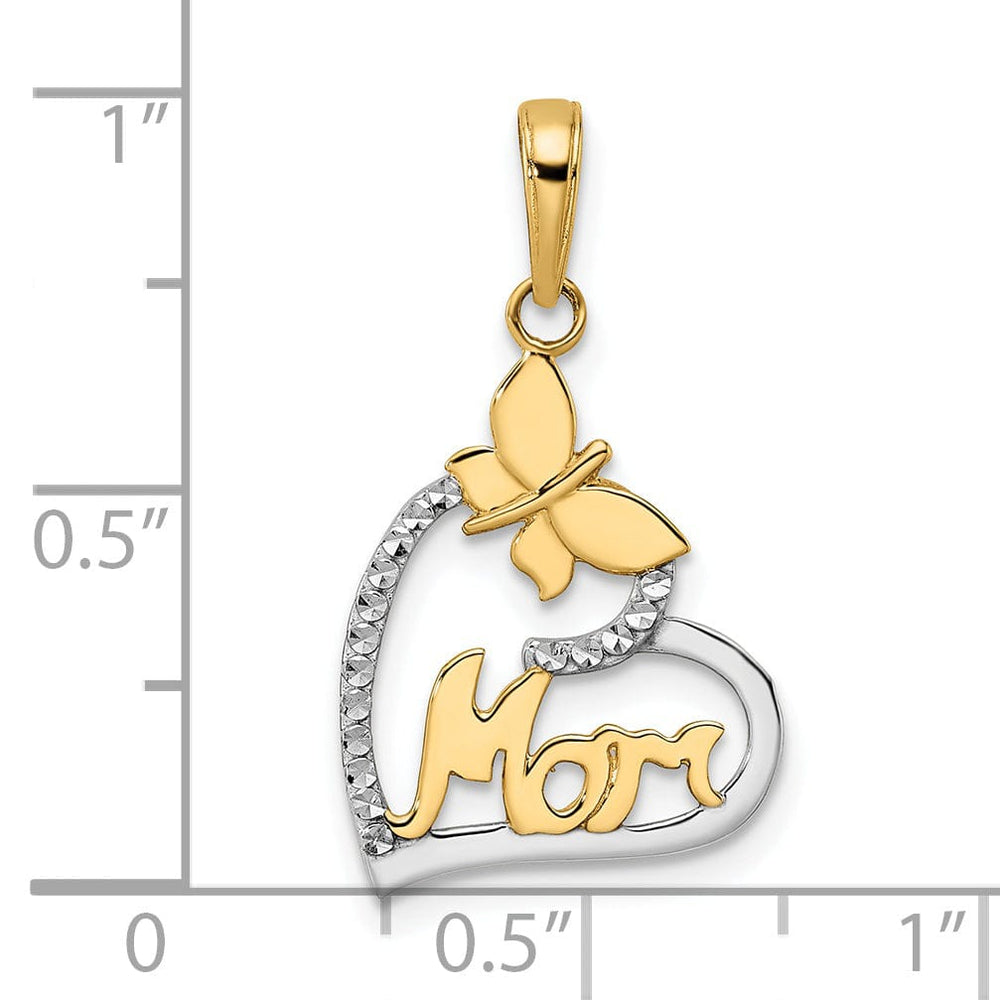 14K Yellow Gold, White Rhodium Diamond Cut Polished Finish Solid Butterfly Mom in Heart Design Charm Pendant