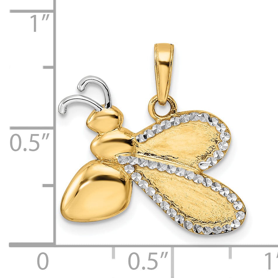 14K Yellow Gold White Rhodium Solid Open Back Polished Diamond Cut Finish Bumblebee Design Charm Pendant