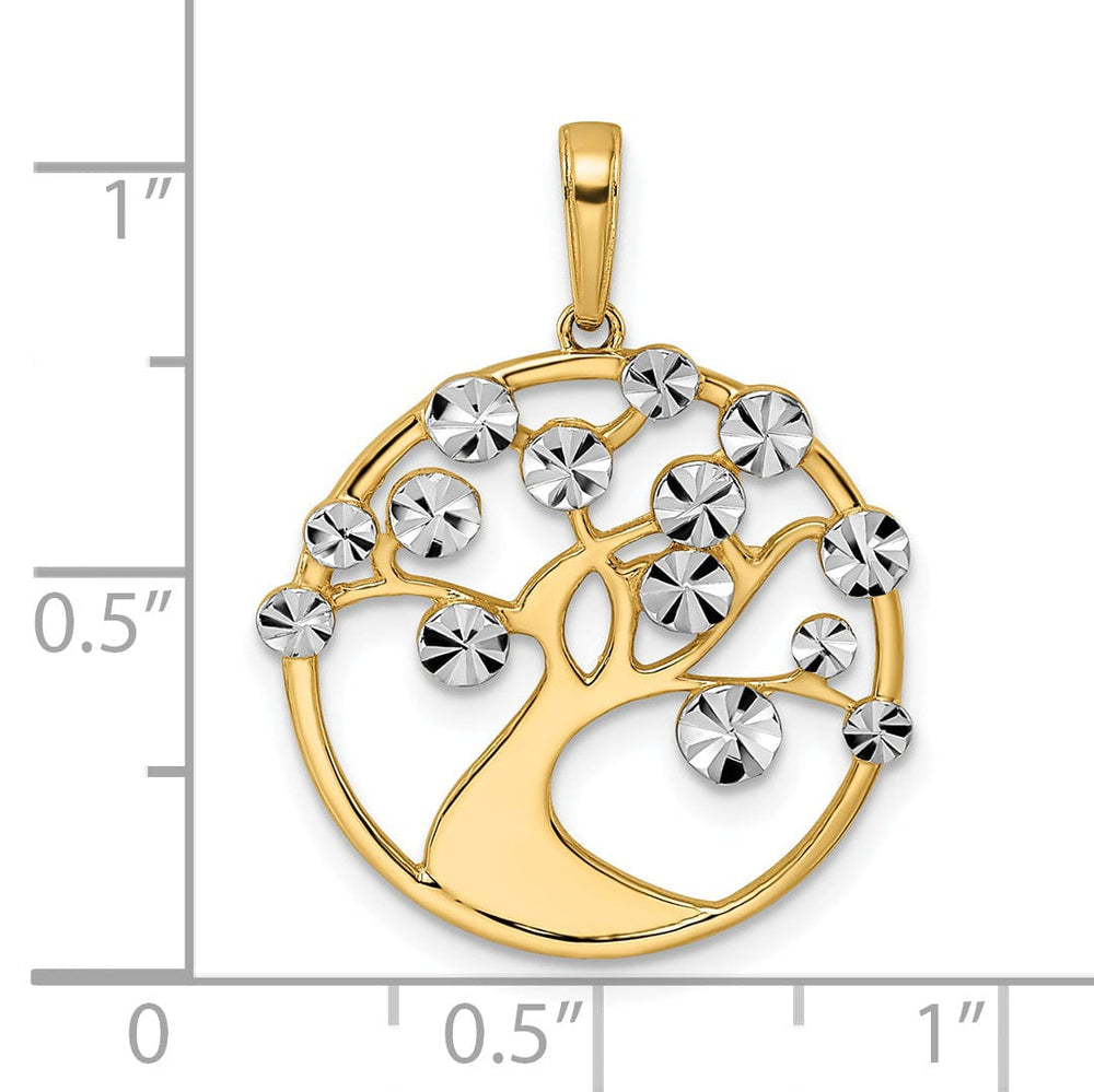 14k Yellow Gold White Rhodium Flat Back Solid Diamond Cut Polished Finish Tree of Life in Round Shape Frame Charm Pendant