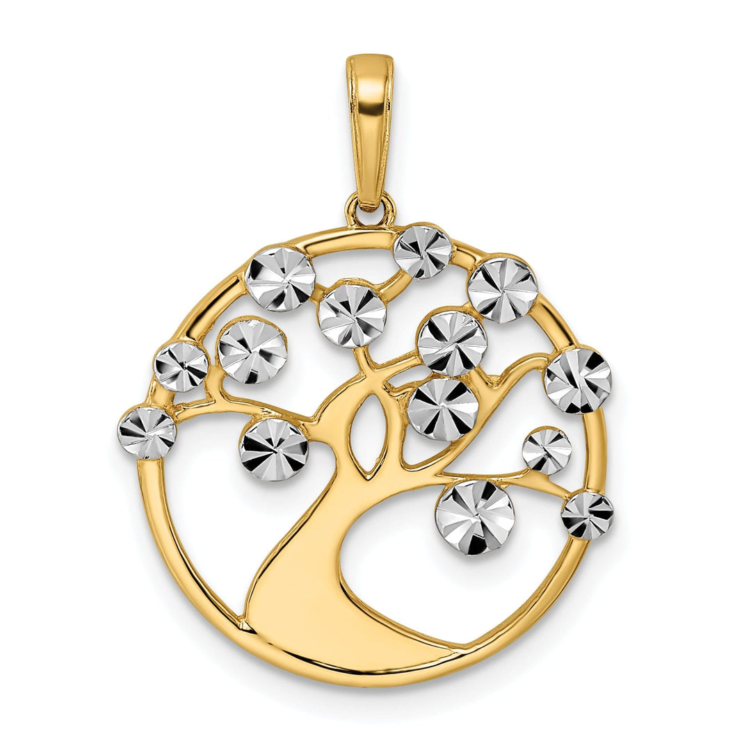 14k Yellow Gold White Rhodium Flat Back Solid Diamond Cut Polished Finish Tree of Life in Round Shape Frame Charm Pendant