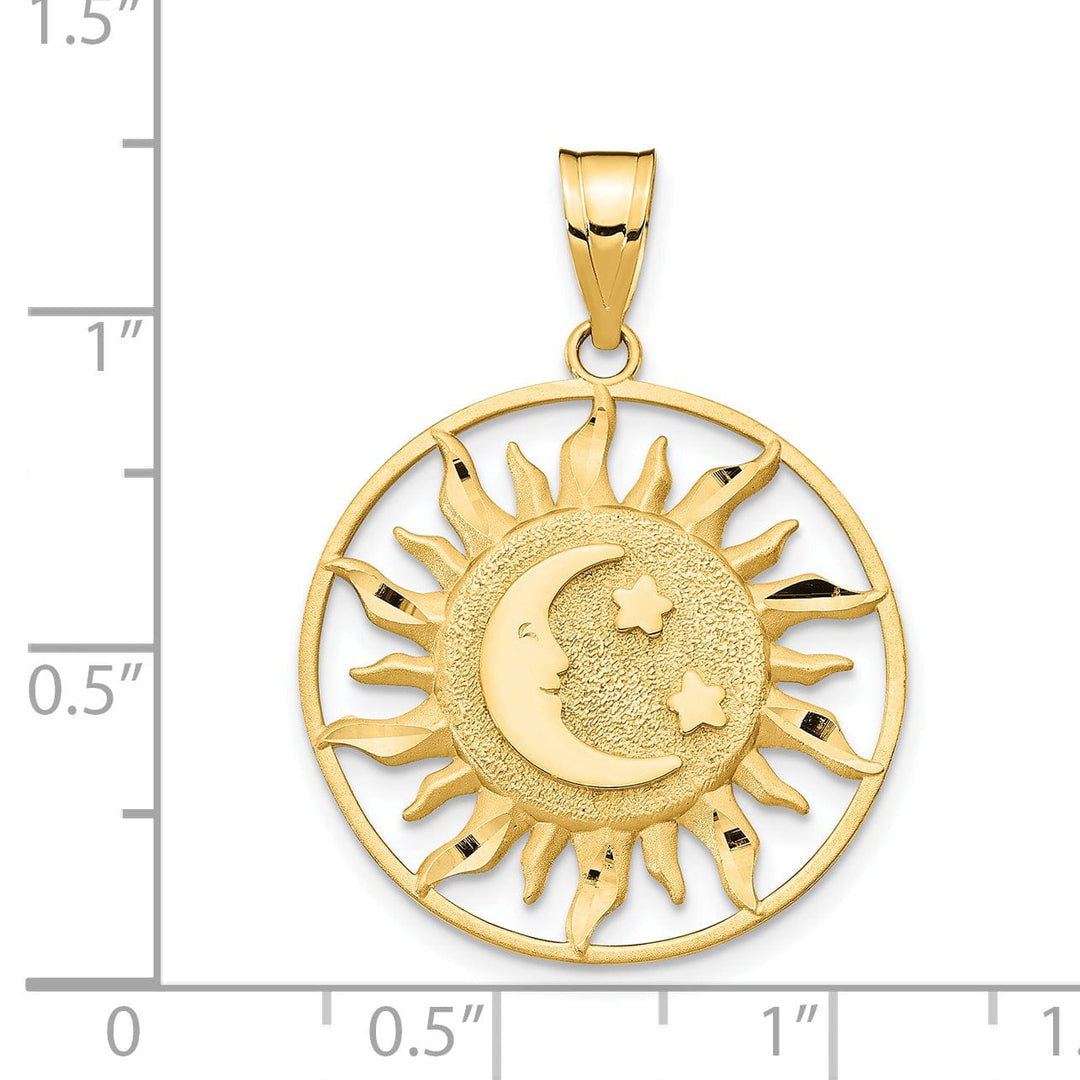 14k Yellow Gold Open Back Solid Diamond Cut Polished Finish Sun with Moon and Stars Design Round Shape Charm Pendant