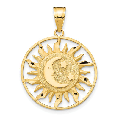 14k Yellow Gold Open Back Solid Diamond Cut Polished Finish Sun with Moon and Stars Design Round Shape Charm Pendant at $ 223.43 only from Jewelryshopping.com