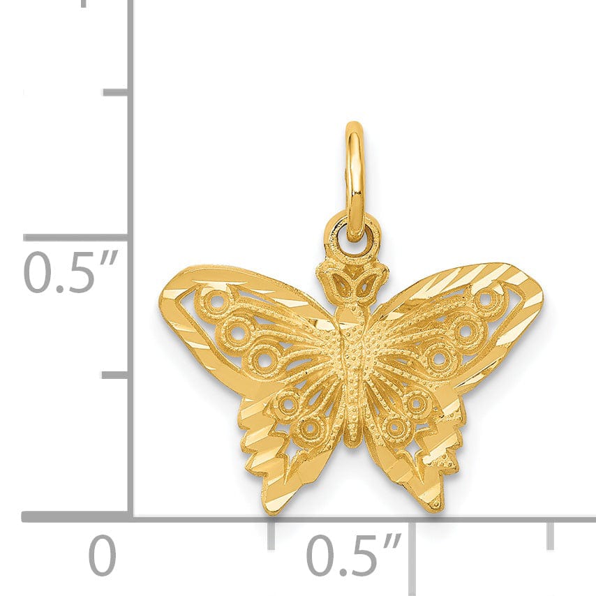 14k Yellow Gold Textured Back Solid Brushed Finish Diamond-cut Butterfly Charm Pendant